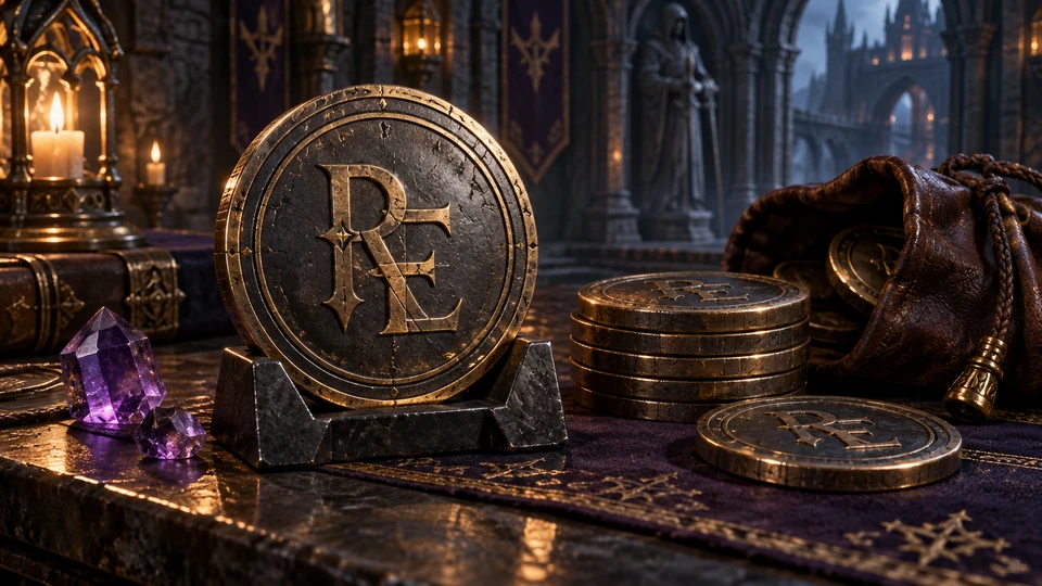 An RE token displayed beside a stack of tokens and a leather pouch