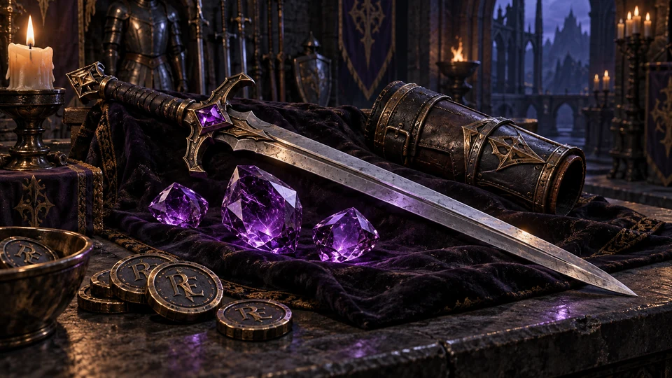Purple gems, a sword and bracer displayed beside RE tokens in a gothic armory