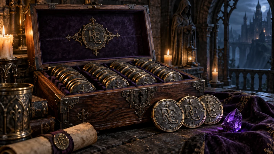 A fitted presentation case holding a collection of RE tokens