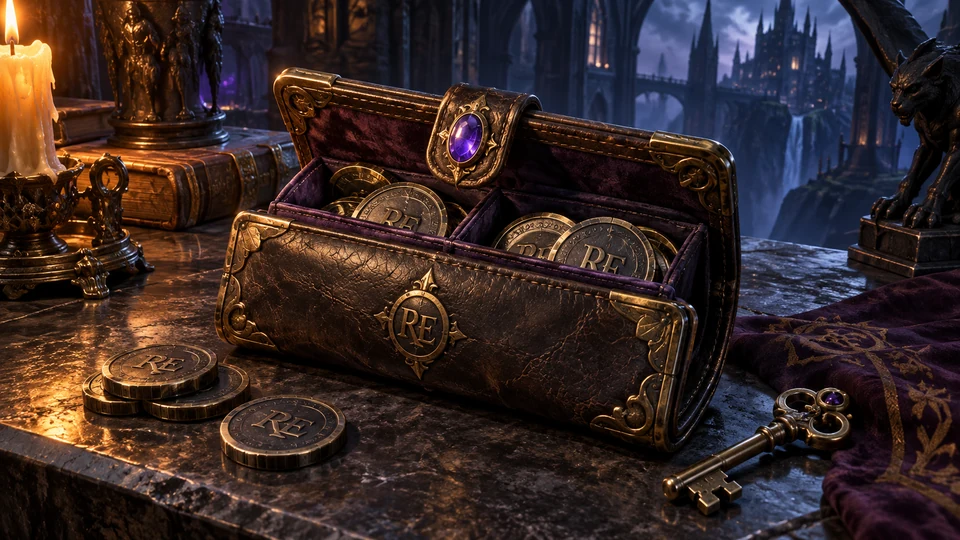 An open leather wallet holding RE tokens, with an amethyst clasp and key