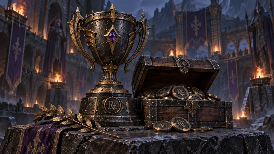 Tournament trophy and a coffer of RE token rewards