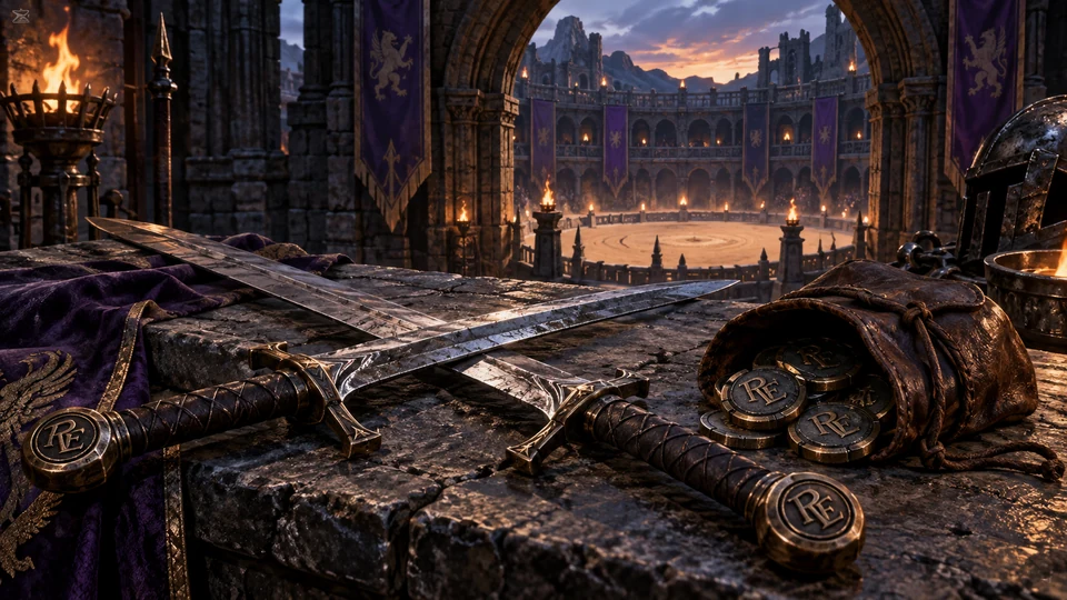 Swords and a token pouch beside a torchlit tournament arena