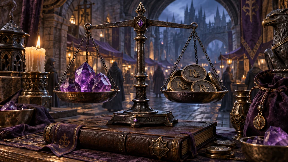 Trade crystals and RE tokens balanced on a merchant scale
