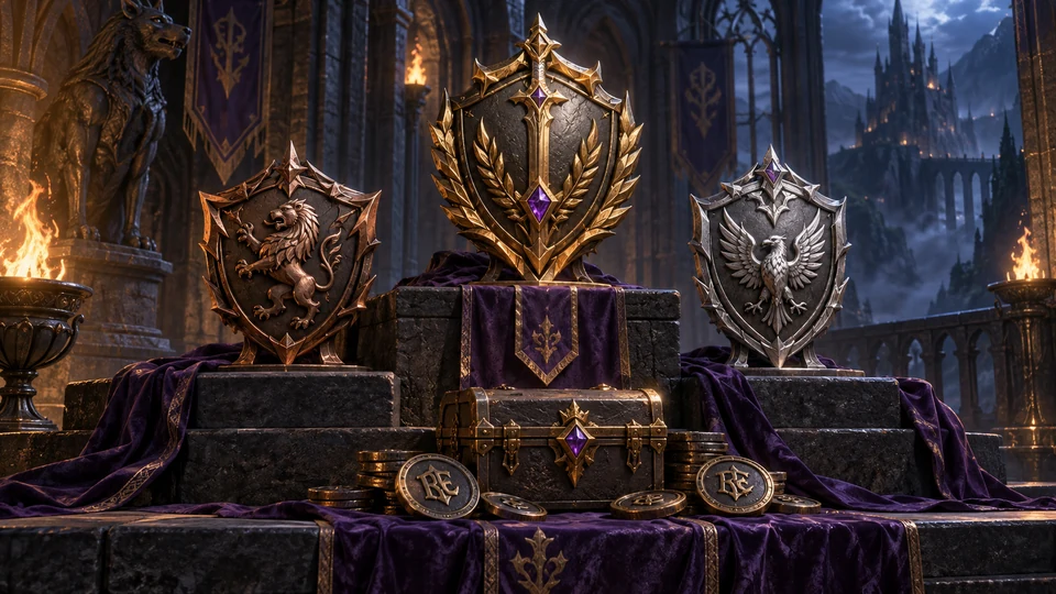 Bronze, gold and silver rank medallions with a token reward coffer