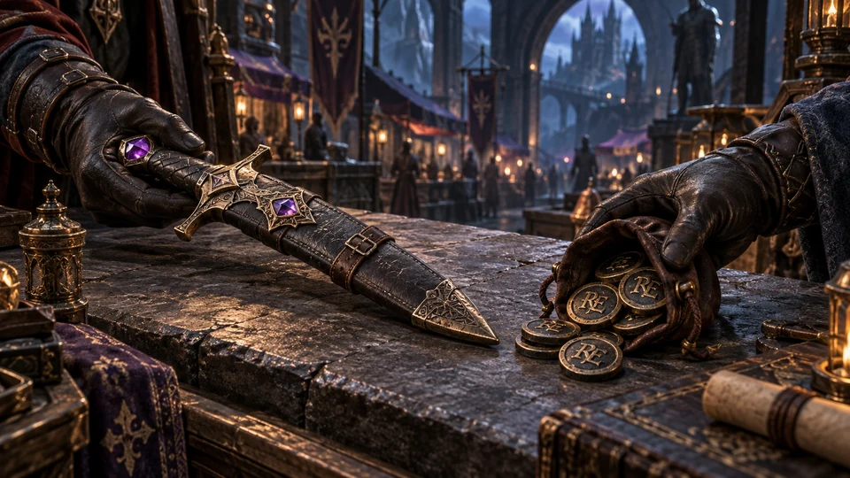 A sword exchanged for RE tokens at a merchant counter
